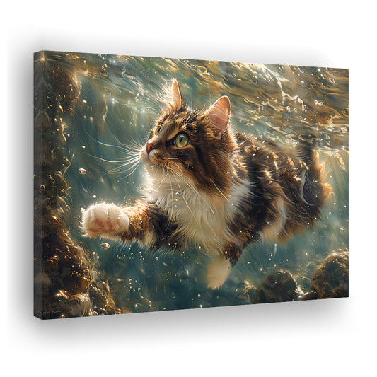 Cat Swimming Underwater Watercolor, Funny Pet Art Painting, Canvas Print Wall Art Home Decor