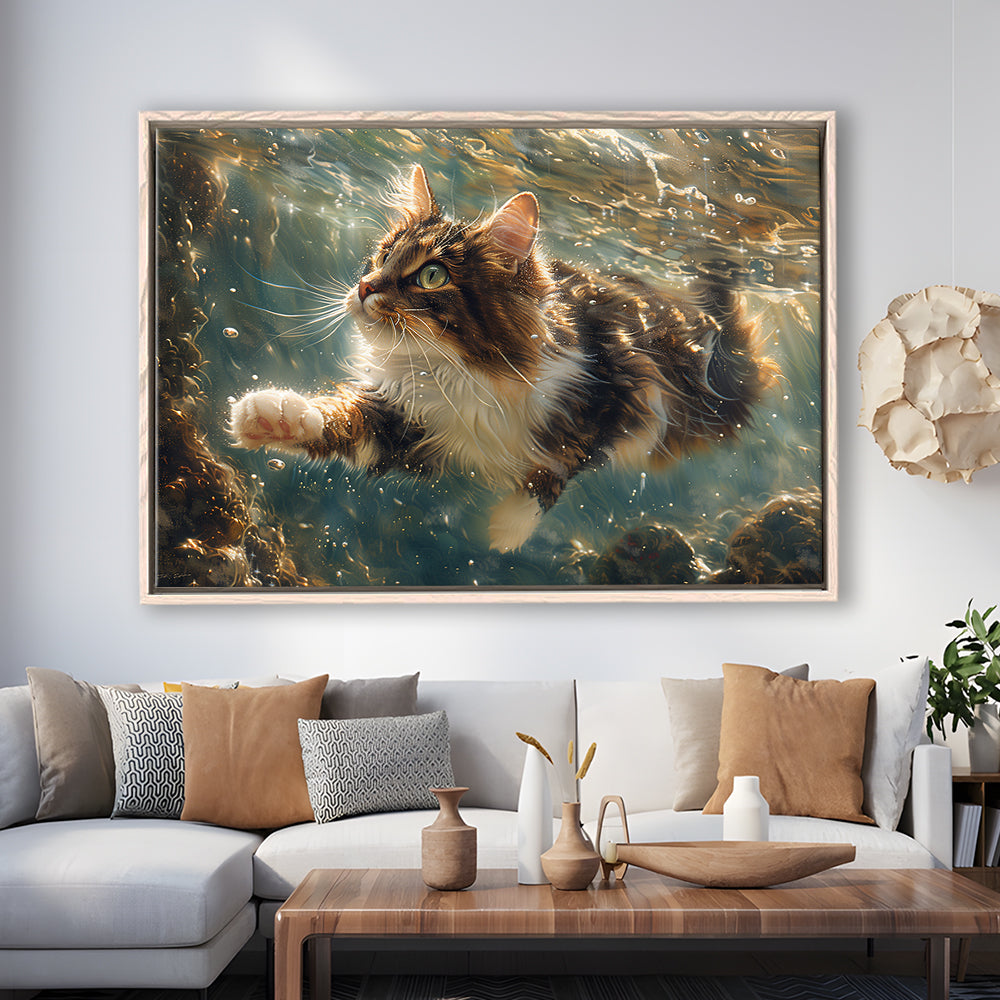 Cat Swimming Underwater Watercolor, Funny Pet Art Painting, Floating Framed Canvas Print Wall Art