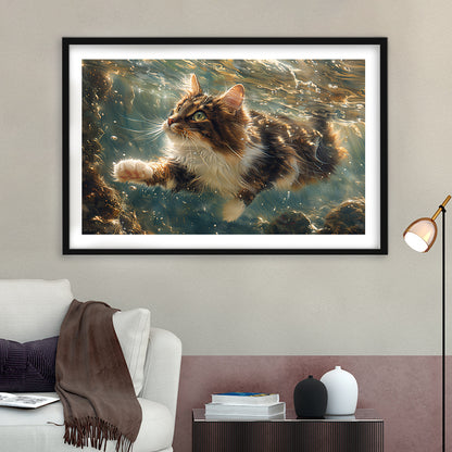 Cat Swimming Underwater Watercolor, Funny Pet Art Painting, Framed Art Print White Border Wall Decor