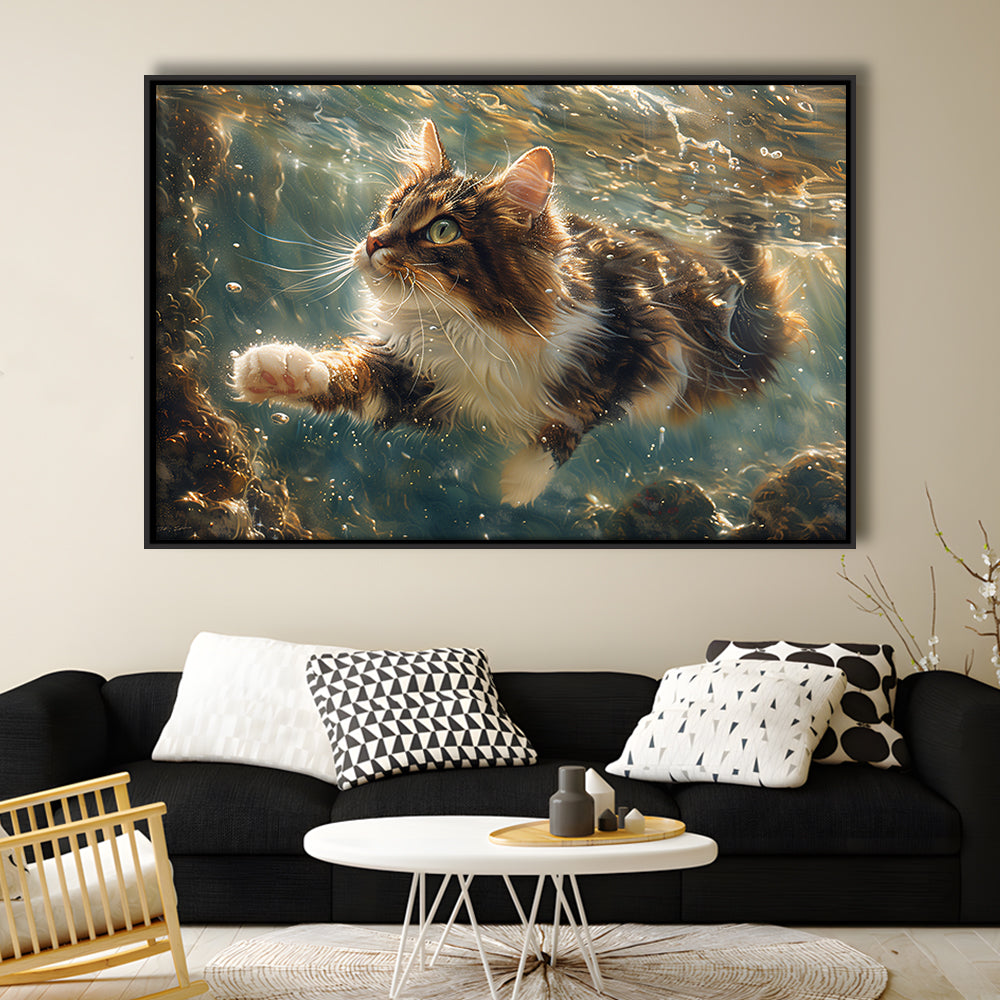 Cat Swimming Underwater Watercolor, Funny Pet Art Painting, Floating Framed Canvas Print Wall Art