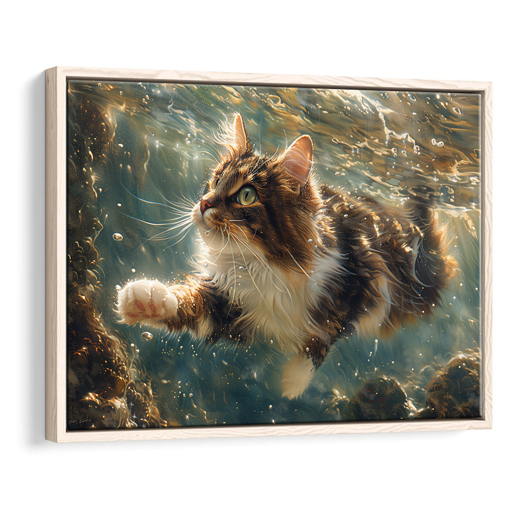 Cat Swimming Underwater Watercolor, Funny Pet Art Painting, Floating Framed Canvas Print Wall Art