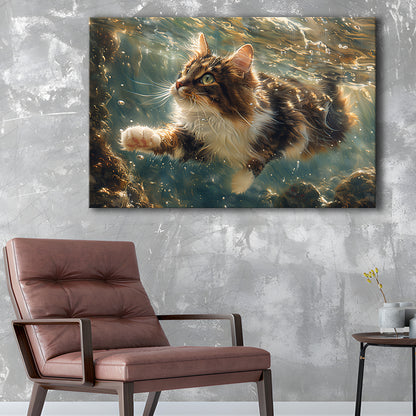 Cat Swimming Underwater Watercolor, Funny Pet Art Painting, Canvas Print Wall Art Home Decor