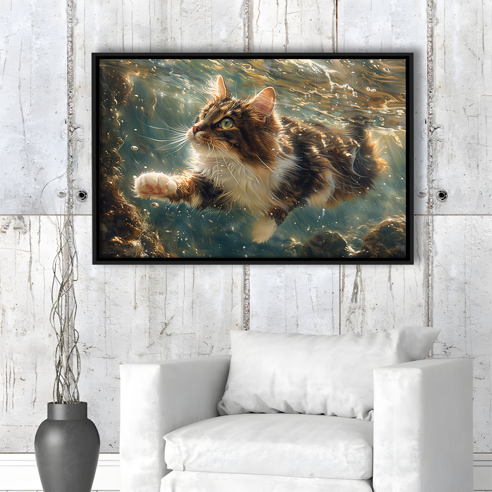 Cat Swimming Underwater Watercolor, Funny Pet Art Painting, Floating Framed Canvas Print Wall Art