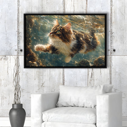 Cat Swimming Underwater Watercolor, Funny Pet Art Painting, Floating Framed Canvas Print Wall Art