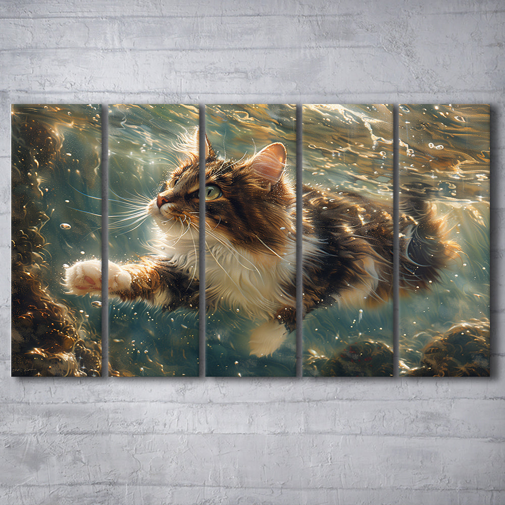 Cat Swimming Underwater Watercolor, Funny Pet Art Painting, Multi Panels Canvas Print Wall Art