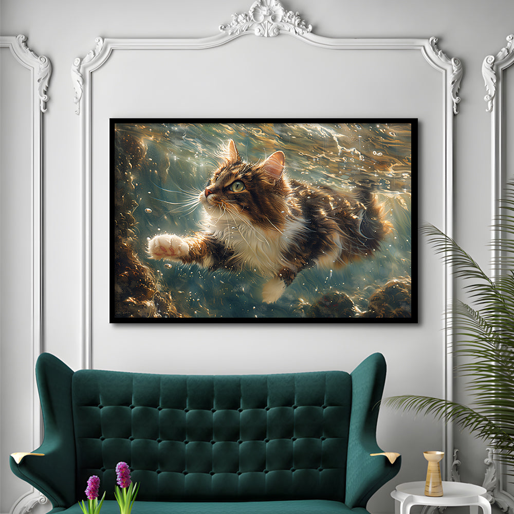Cat Swimming Underwater Watercolor, Funny Pet Art Painting, Framed Art Print Wall Decor, Framed Picture