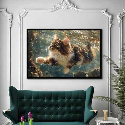 Cat Swimming Underwater Watercolor, Funny Pet Art Painting, Framed Art Print Wall Decor, Framed Picture