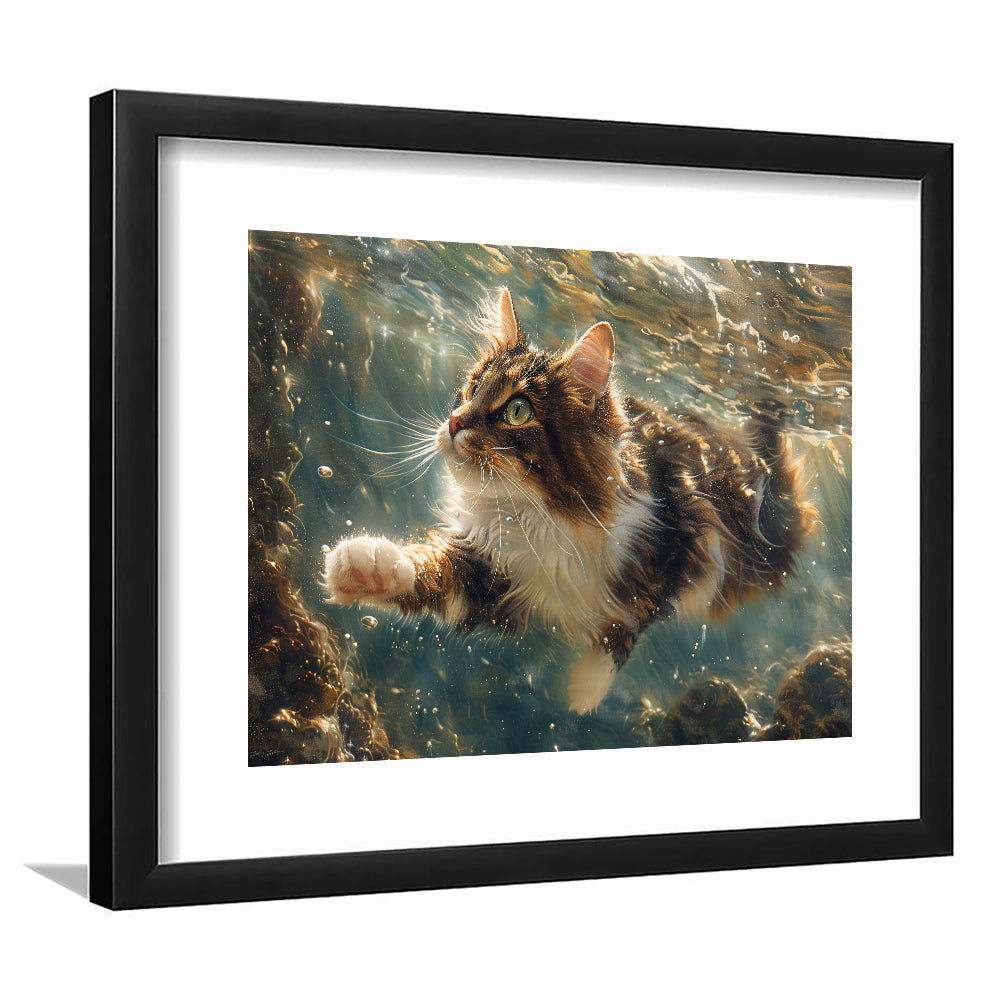 Cat Swimming Underwater Watercolor, Funny Pet Art Painting, Framed Art Print White Border Wall Decor