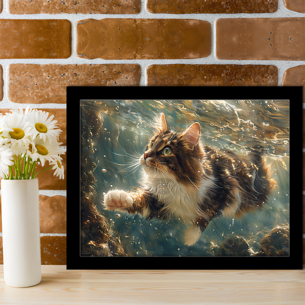Cat Swimming Underwater Watercolor, Funny Pet Art Painting, Framed Art Print Wall Decor, Framed Picture