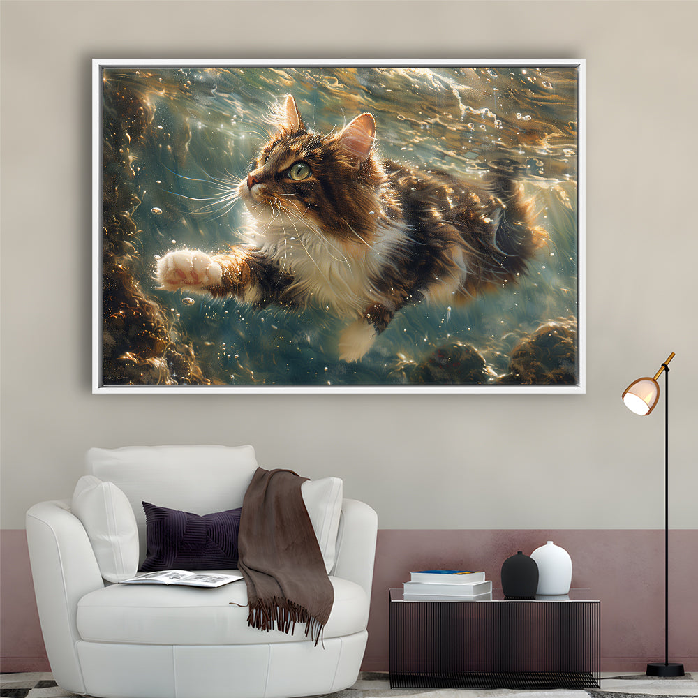 Cat Swimming Underwater Watercolor, Funny Pet Art Painting, Floating Framed Canvas Print Wall Art