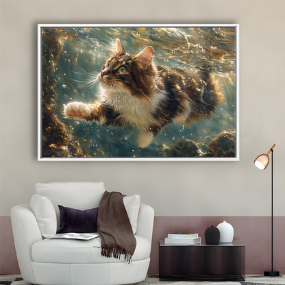 Cat Swimming Underwater Watercolor, Funny Pet Art Painting, Floating Framed Canvas Print Wall Art