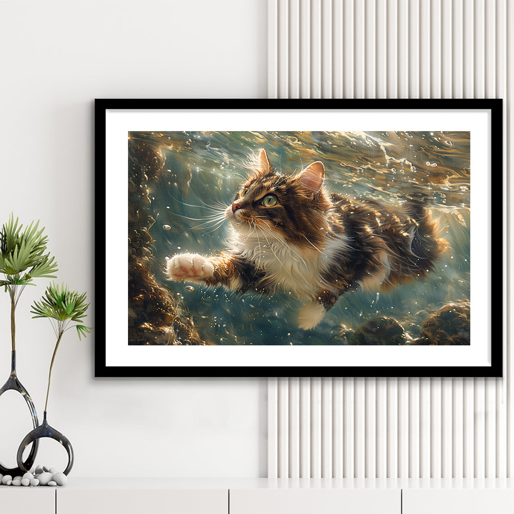 Cat Swimming Underwater Watercolor, Funny Pet Art Painting, Framed Art Print White Border Wall Decor