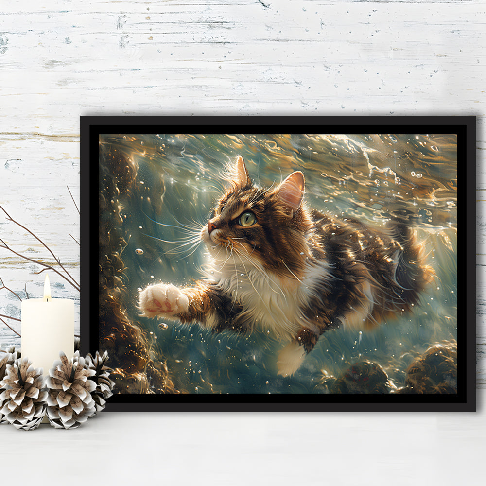 Cat Swimming Underwater Watercolor, Funny Pet Art Painting, Floating Framed Canvas Print Wall Art