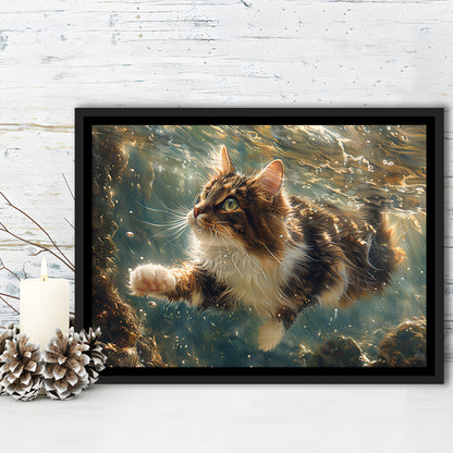 Cat Swimming Underwater Watercolor, Funny Pet Art Painting, Floating Framed Canvas Print Wall Art