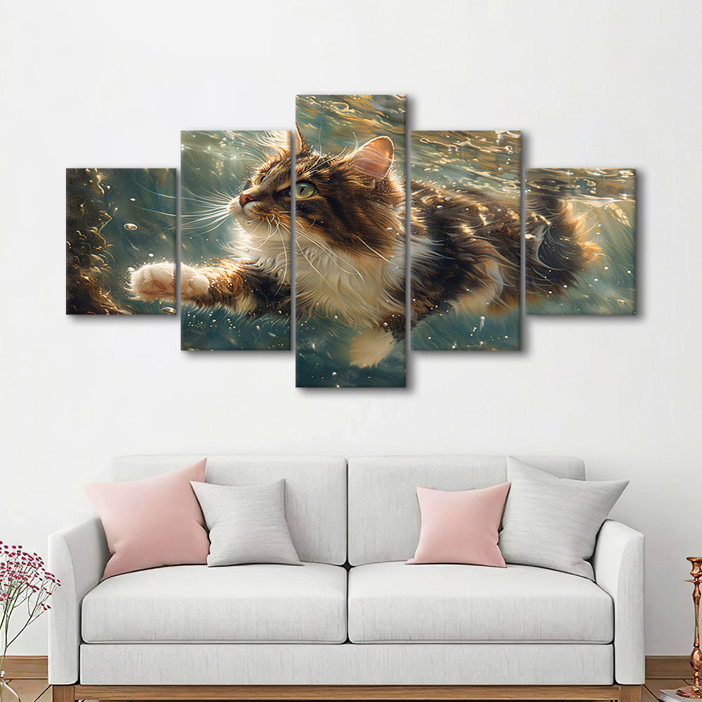 Cat Swimming Underwater Watercolor, Funny Pet Art Painting, Mixed Panels Canvas Print Wall Art