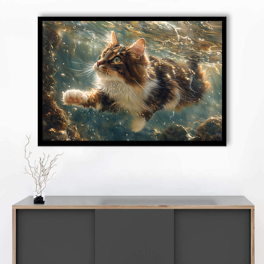 Cat Swimming Underwater Watercolor, Funny Pet Art Painting, Framed Art Print Wall Decor, Framed Picture