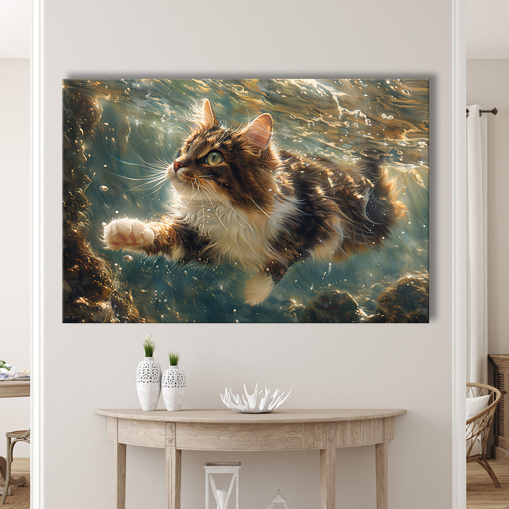 Cat Swimming Underwater Watercolor, Funny Pet Art Painting, Canvas Print Wall Art Home Decor