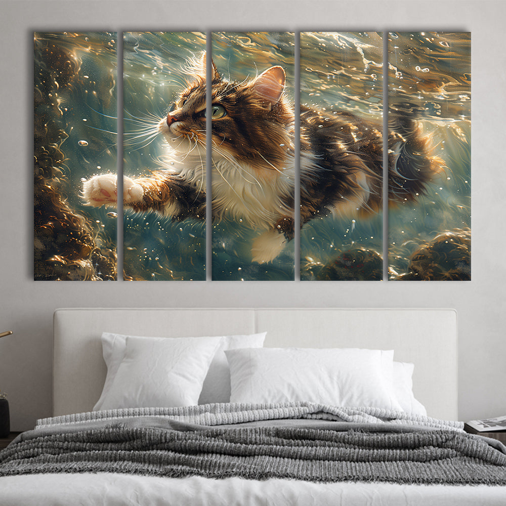 Cat Swimming Underwater Watercolor, Funny Pet Art Painting, Multi Panels Canvas Print Wall Art