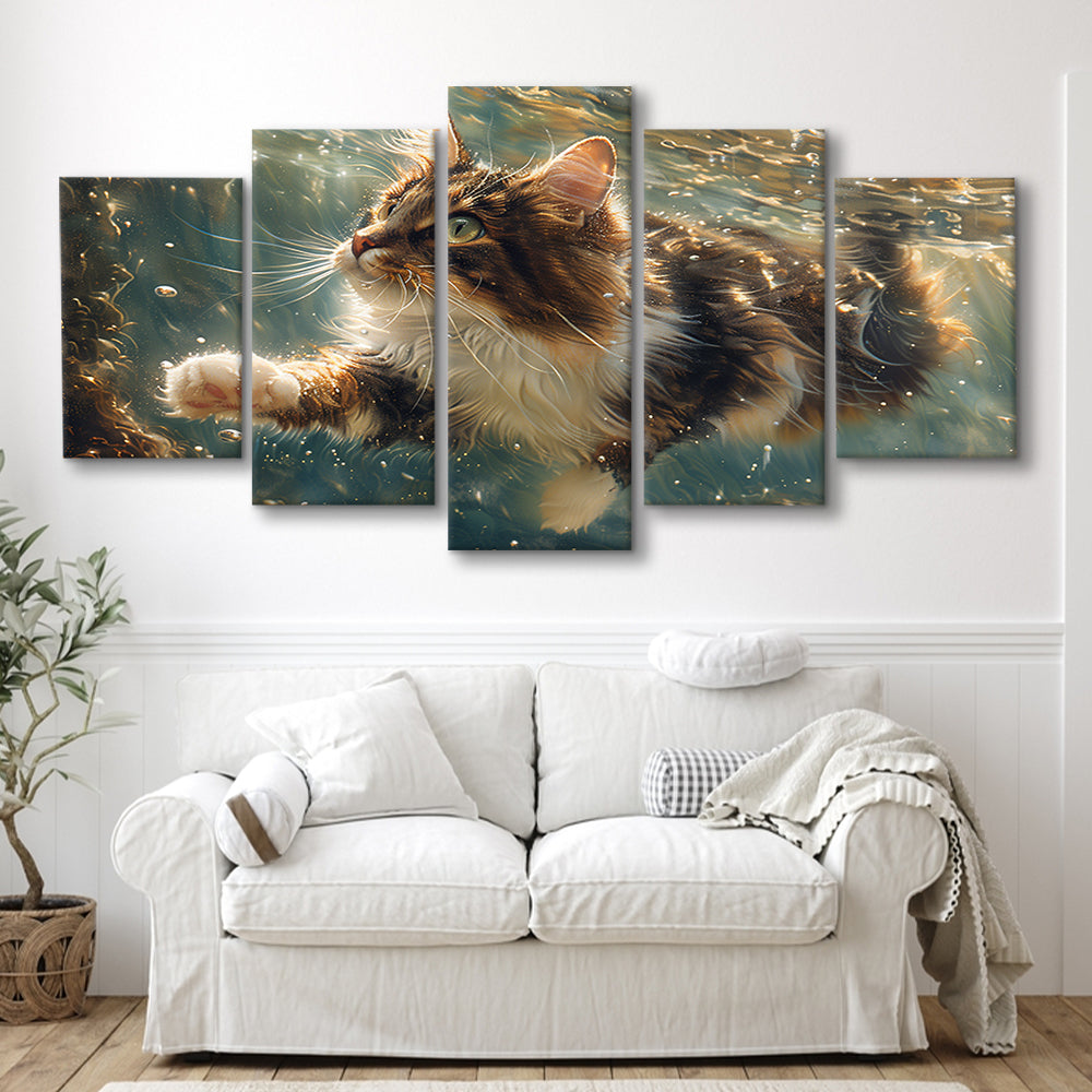 Cat Swimming Underwater Watercolor, Funny Pet Art Painting, Mixed Panels Canvas Print Wall Art