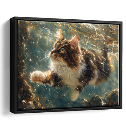 Cat Swimming Underwater Watercolor, Funny Pet Art Painting, Floating Framed Canvas Print Wall Art