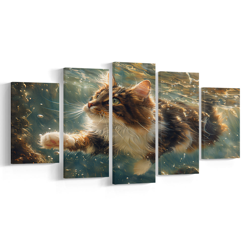 Cat Swimming Underwater Watercolor, Funny Pet Art Painting, Mixed Panels Canvas Print Wall Art