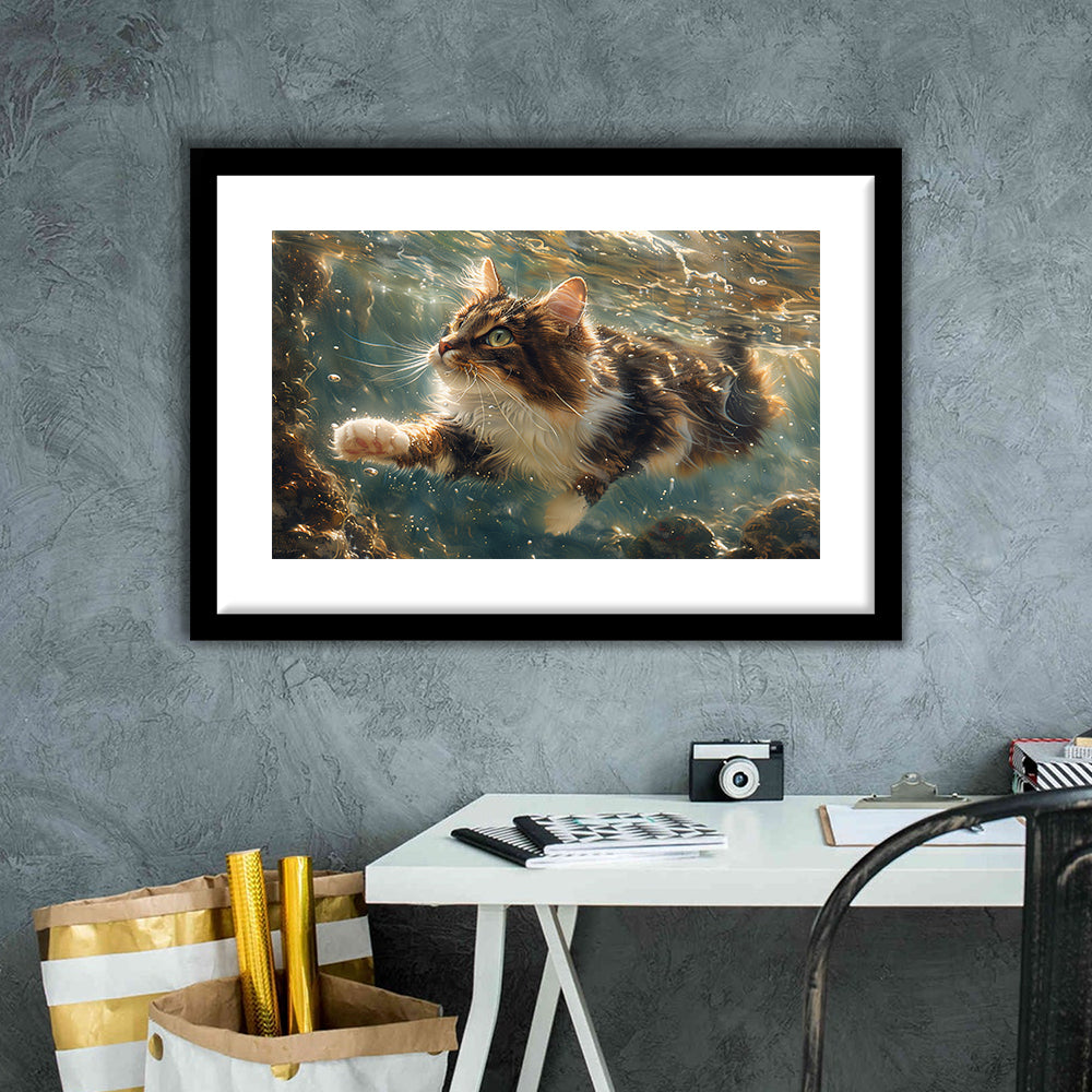 Cat Swimming Underwater Watercolor, Funny Pet Art Painting, Framed Art Print White Border Wall Decor