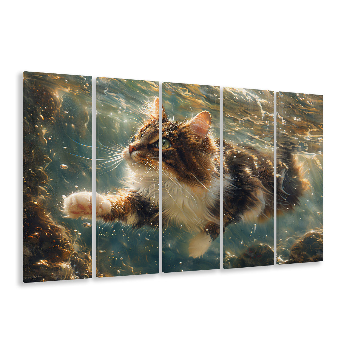 Cat Swimming Underwater Watercolor, Funny Pet Art Painting, Multi Panels Canvas Print Wall Art