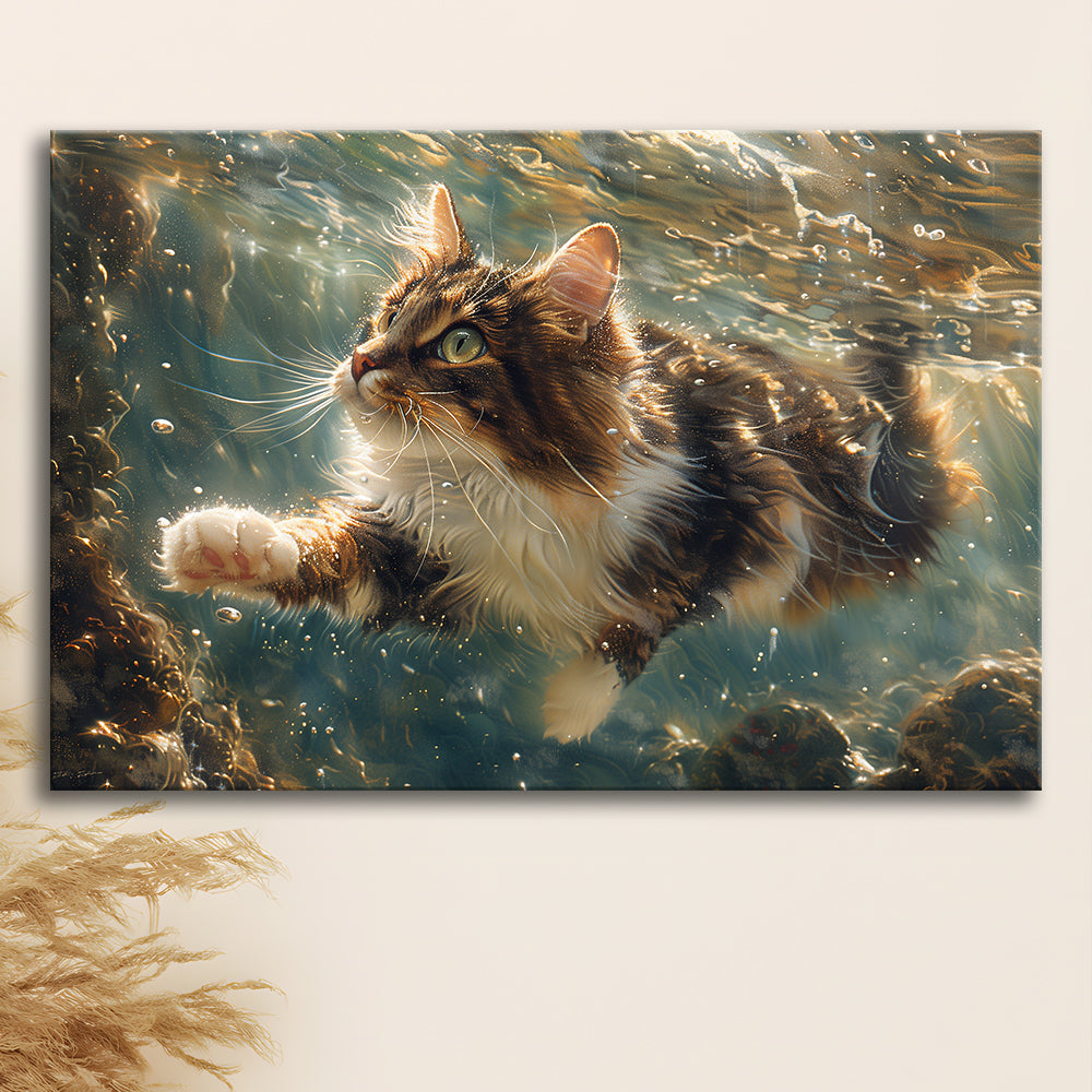 Cat Swimming Underwater Watercolor, Funny Pet Art Painting, Canvas Print Wall Art Home Decor