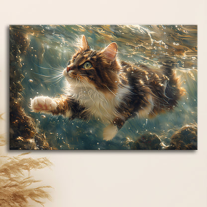 Cat Swimming Underwater Watercolor, Funny Pet Art Painting, Canvas Print Wall Art Home Decor