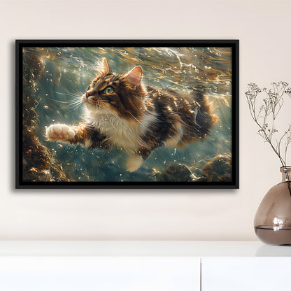 Cat Swimming Underwater Watercolor, Funny Pet Art Painting, Floating Framed Canvas Print Wall Art