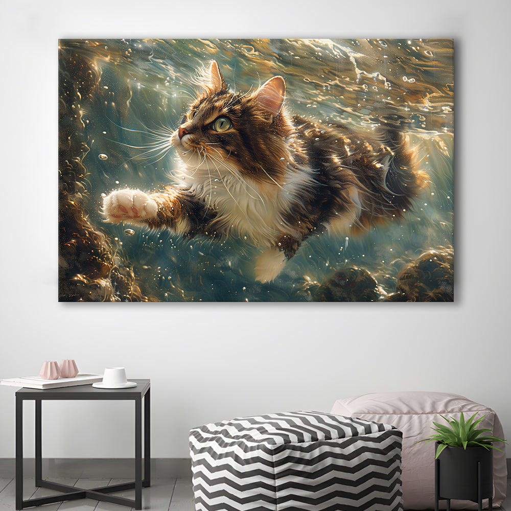 Cat Swimming Underwater Watercolor, Funny Pet Art Painting, Canvas Print Wall Art Home Decor