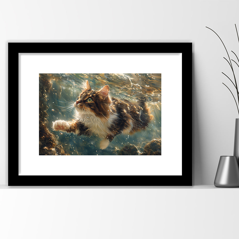 Cat Swimming Underwater Watercolor, Funny Pet Art Painting, Framed Art Print White Border Wall Decor