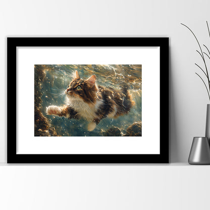 Cat Swimming Underwater Watercolor, Funny Pet Art Painting, Framed Art Print White Border Wall Decor