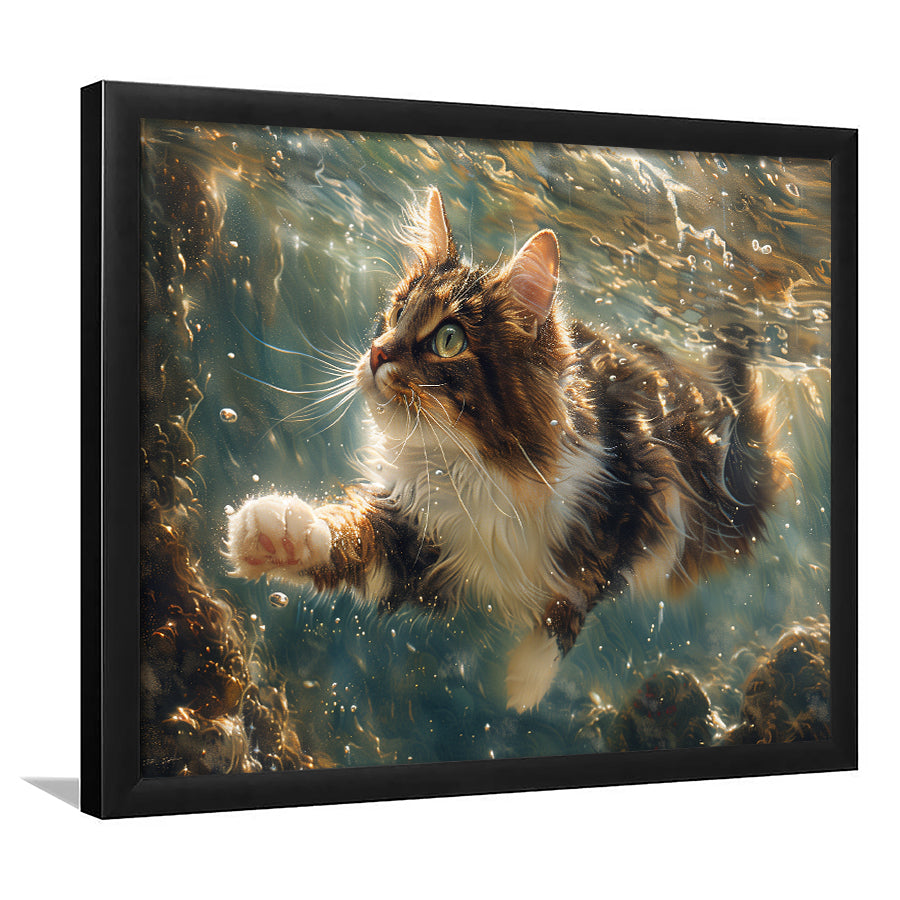 Cat Swimming Underwater Watercolor, Funny Pet Art Painting, Framed Art Print Wall Decor, Framed Picture