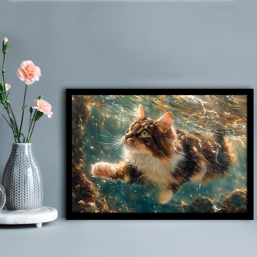 Cat Swimming Underwater Watercolor, Funny Pet Art Painting, Framed Art Print Wall Decor, Framed Picture