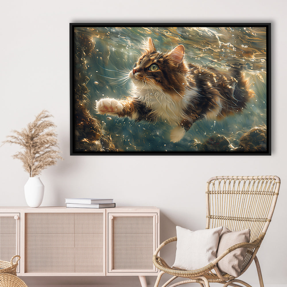 Cat Swimming Underwater Watercolor, Funny Pet Art Painting, Floating Framed Canvas Print Wall Art