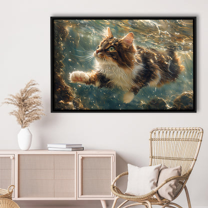 Cat Swimming Underwater Watercolor, Funny Pet Art Painting, Floating Framed Canvas Print Wall Art