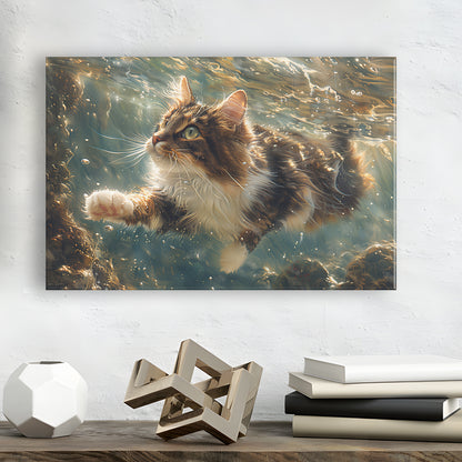 Cat Swimming Underwater Watercolor, Funny Pet Art Painting, Canvas Print Wall Art Home Decor