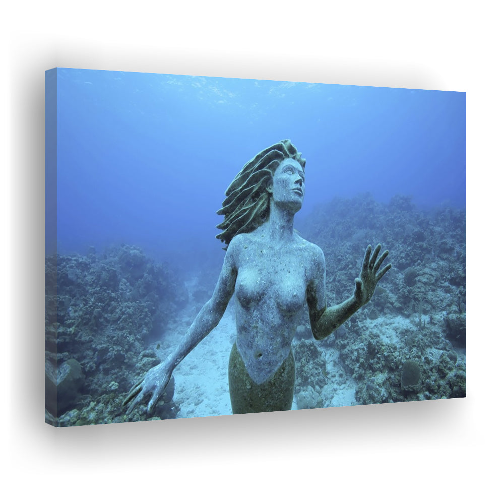 Cayman Islands Grand Cayman Island mermaid sculpture in shallow coral reef, Cavas Print Wall Art Hom Decor