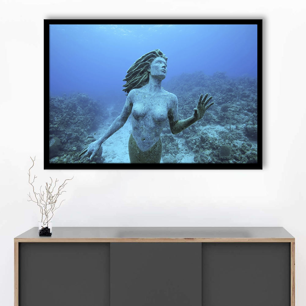 Cayman Islands Grand Cayman Island Mermaid Sculpture In Shallow Coral Reef, Framed Art Print, Picture Framed