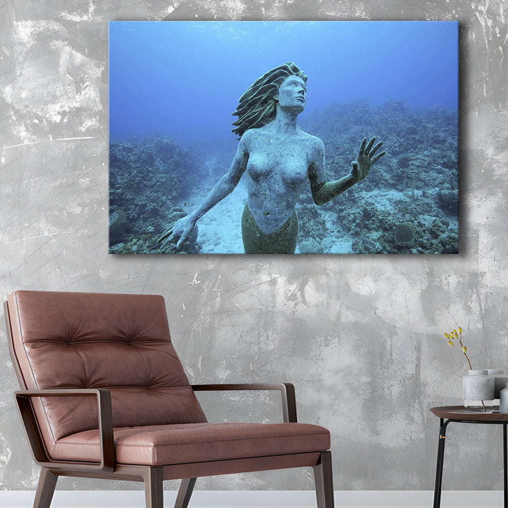 Cayman Islands Grand Cayman Island mermaid sculpture in shallow coral reef, Cavas Print Wall Art Hom Decor