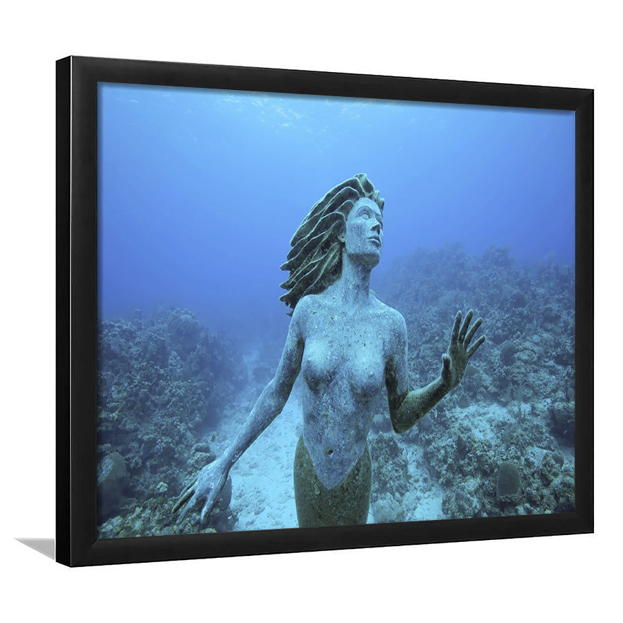 Cayman Islands Grand Cayman Island Mermaid Sculpture In Shallow Coral Reef, Framed Art Print, Picture Framed