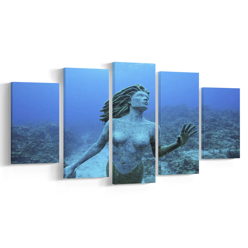 Cayman Islands Grand Cayman Island mermaid sculpture in shallow coral reef, 5 Piece Large Cavas Print Wall Art