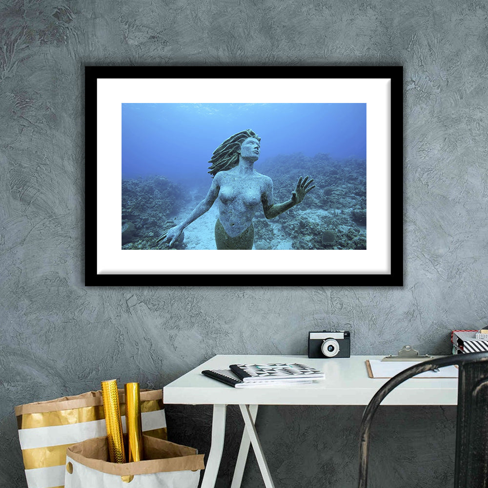 Cayman Islands Grand Cayman Island Mermaid Sculpture In Shallow Coral Reef, Framed Art Print White Border
