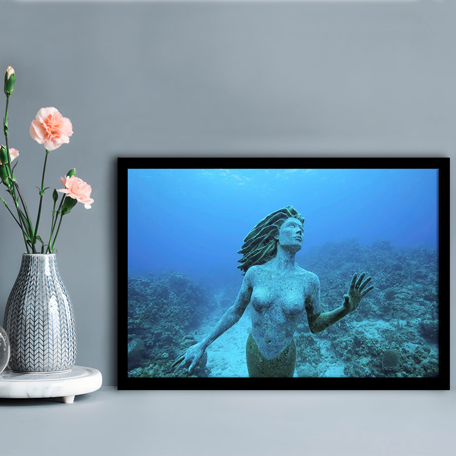 Cayman Islands Grand Cayman Island Mermaid Sculpture In Shallow Coral Reef, Framed Art Print, Picture Framed