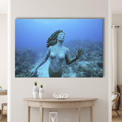Cayman Islands Grand Cayman Island mermaid sculpture in shallow coral reef, Cavas Print Wall Art Hom Decor