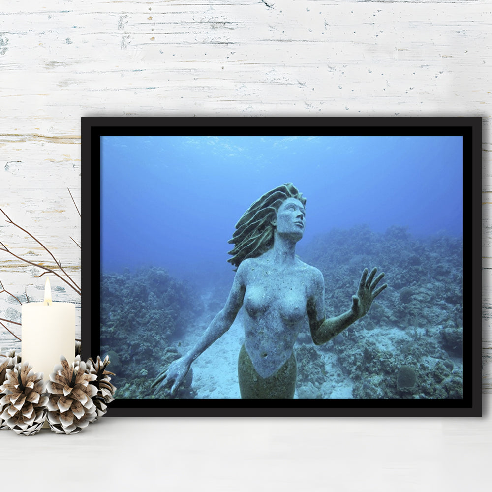 Cayman Islands Grand Cayman Island Mermaid Sculpture In Shallow Coral Reef, Framed Cavas Print, Floating Frame