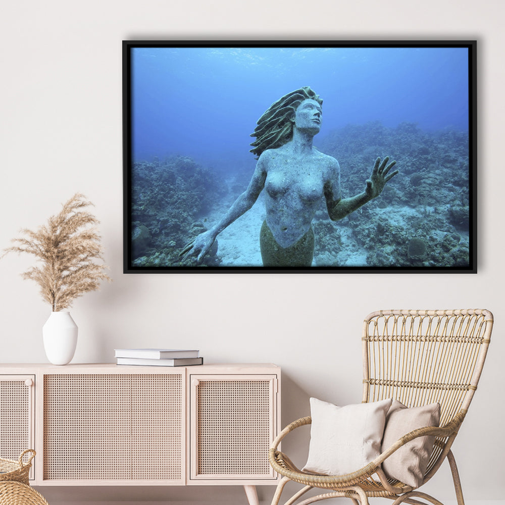 Cayman Islands Grand Cayman Island Mermaid Sculpture In Shallow Coral Reef, Framed Cavas Print, Floating Frame