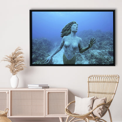 Cayman Islands Grand Cayman Island Mermaid Sculpture In Shallow Coral Reef, Framed Cavas Print, Floating Frame