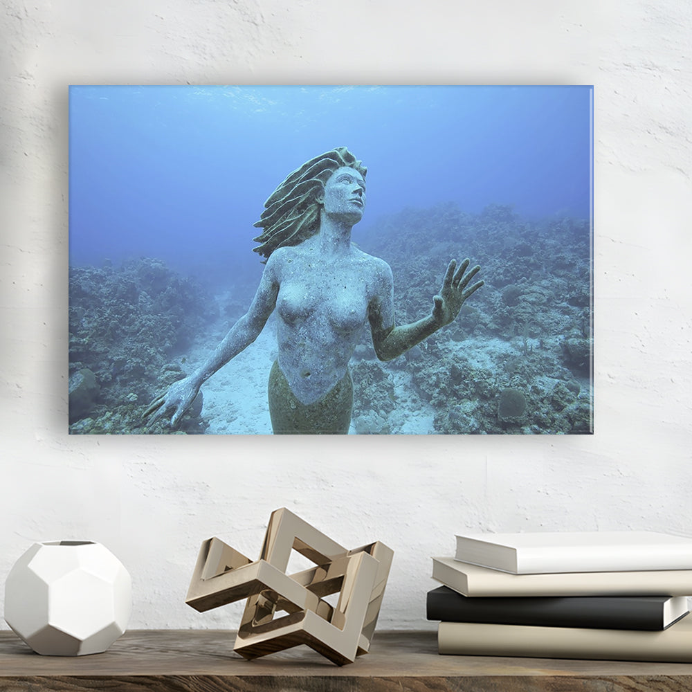 Cayman Islands Grand Cayman Island mermaid sculpture in shallow coral reef, Cavas Print Wall Art Hom Decor